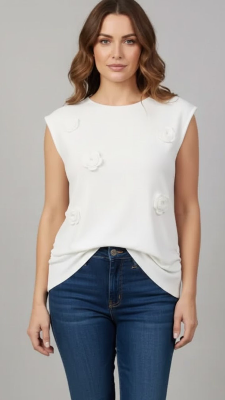 Blusa Cottage Core – Tricot Modal com Flor em Crochê