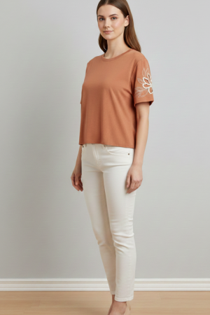 Blusa Manga Bordada em Algodão e Elastano Terra Tamanho G3