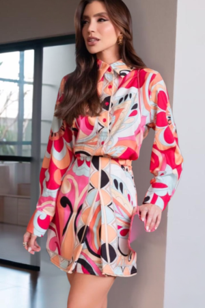 Conjunto Luxo e Versátil - Seda Pink (Camisa e Saia Fenda)