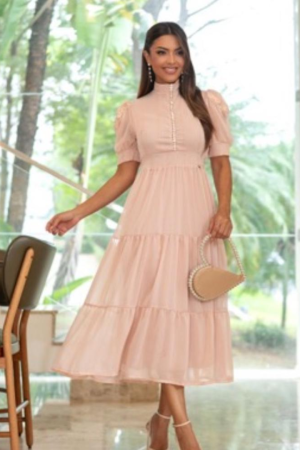 Vestido Midi Crepe com Fios Dourados & Pérolas