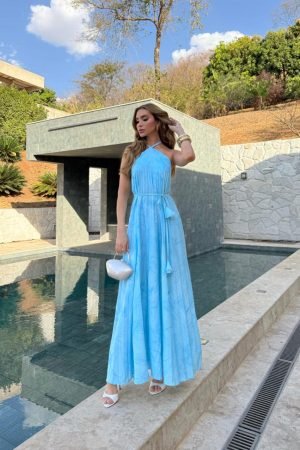 Vestido Longo Plissado Frente Única – Azul Serenity | Tam. M